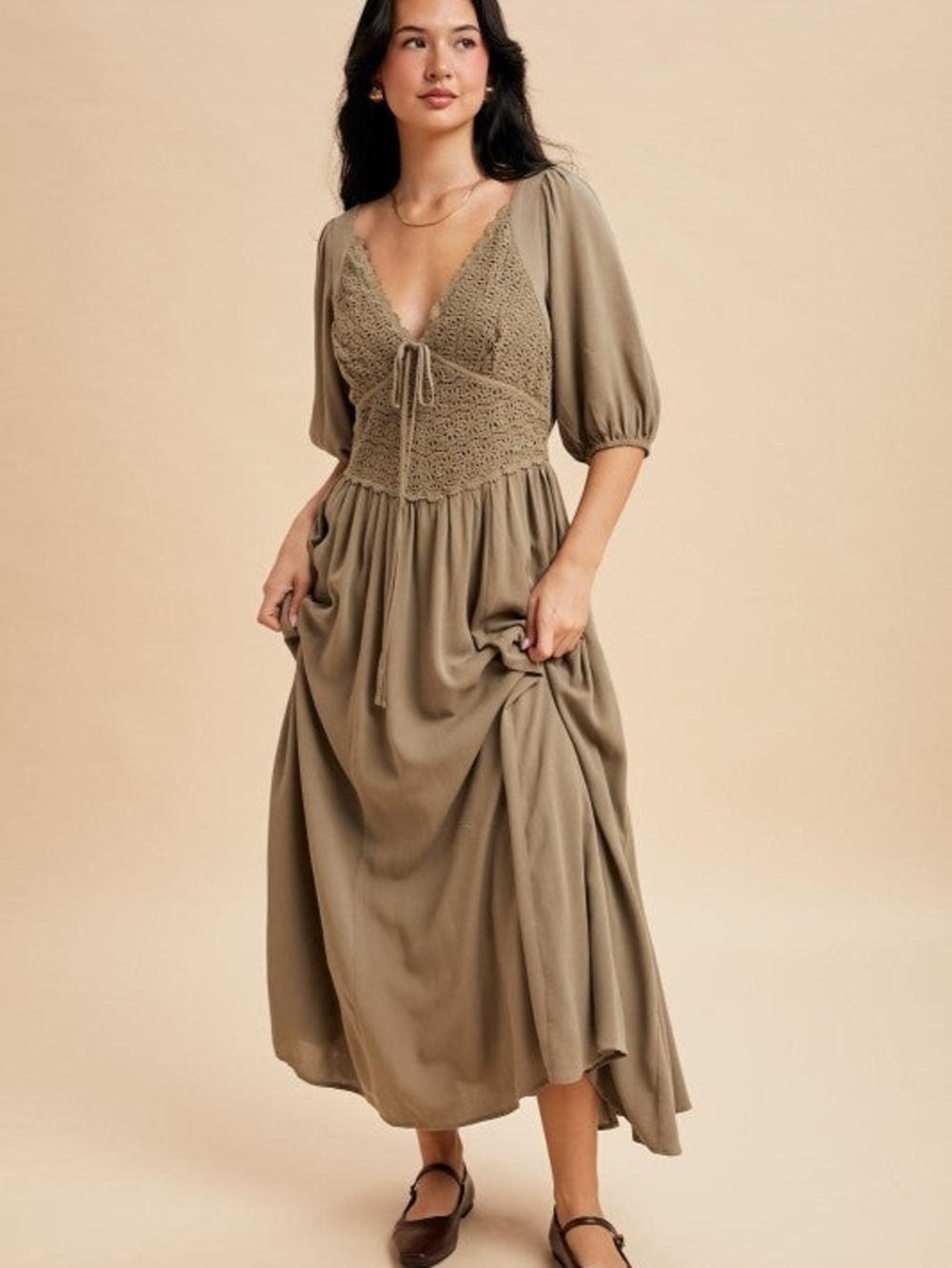 Crochet Bodice Maxi Dress in Olive with Puff Sleeves - Picture 4 of 13